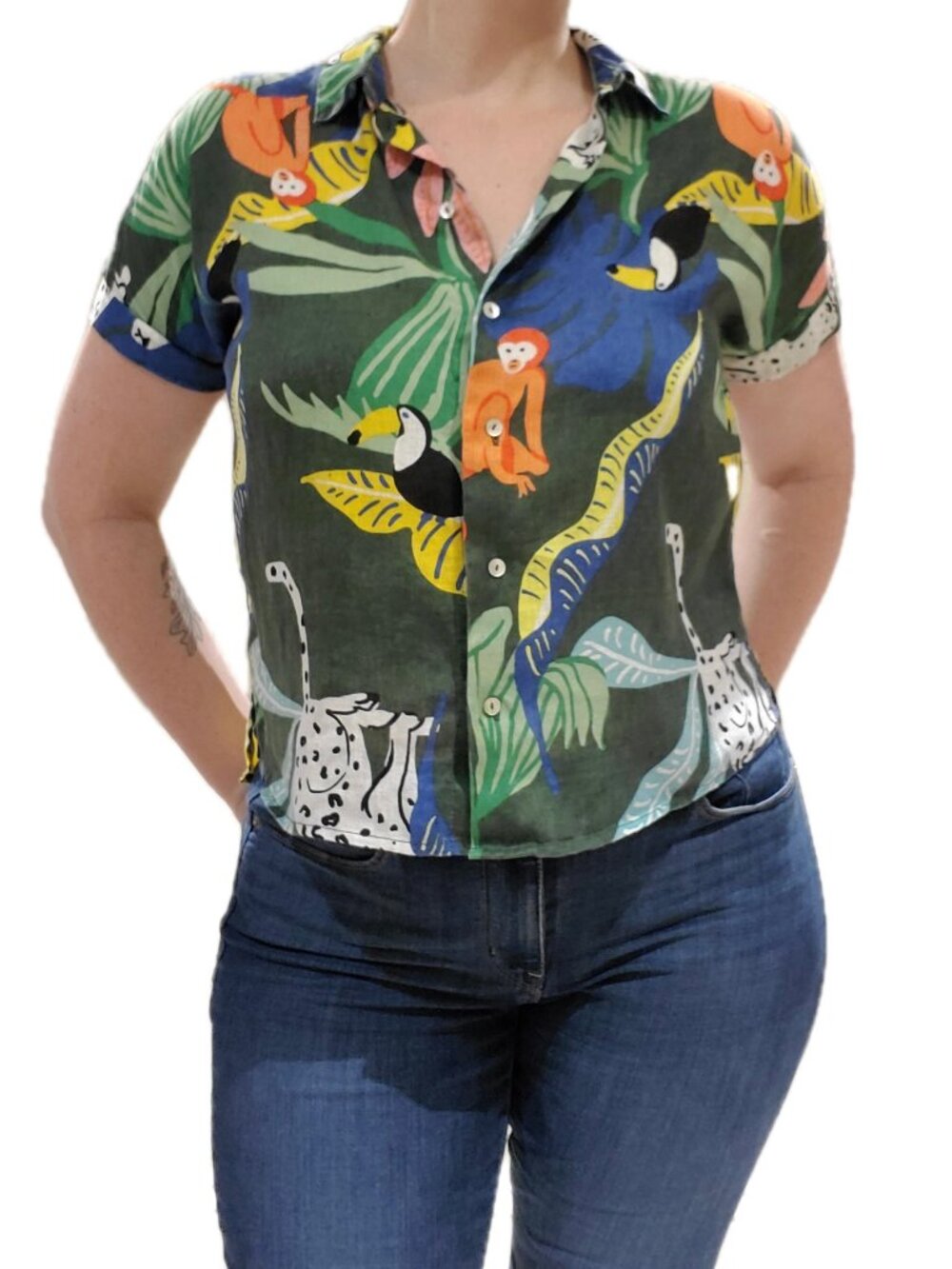 Christian Siriano Tropical Print Linen Button Down Shirt XS
